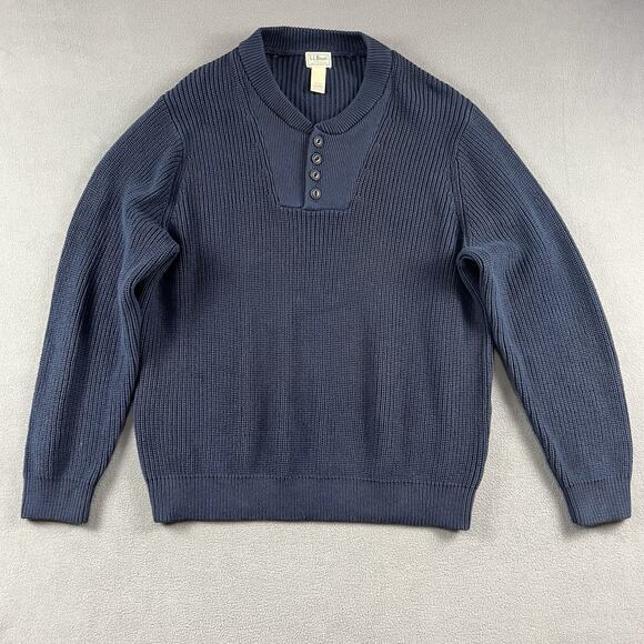 LL Bean Sweater Mens 2XL Blue Heavyweight Henly Casual Cable Knit Pullover - Picture 1 of 9